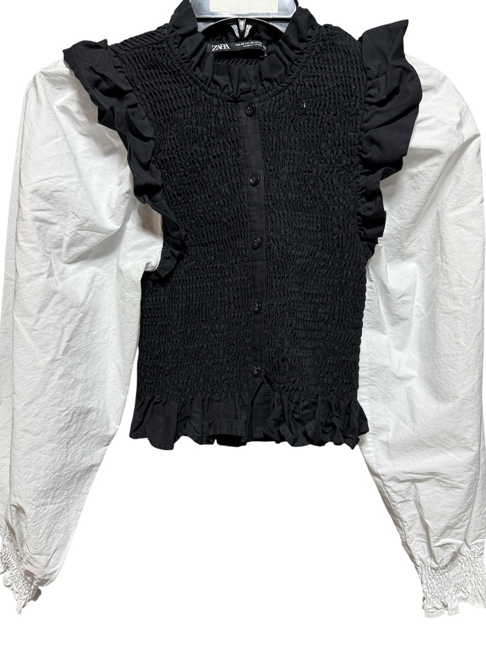 Zara Smocked Button-Front Blouse with Ruffle Neck